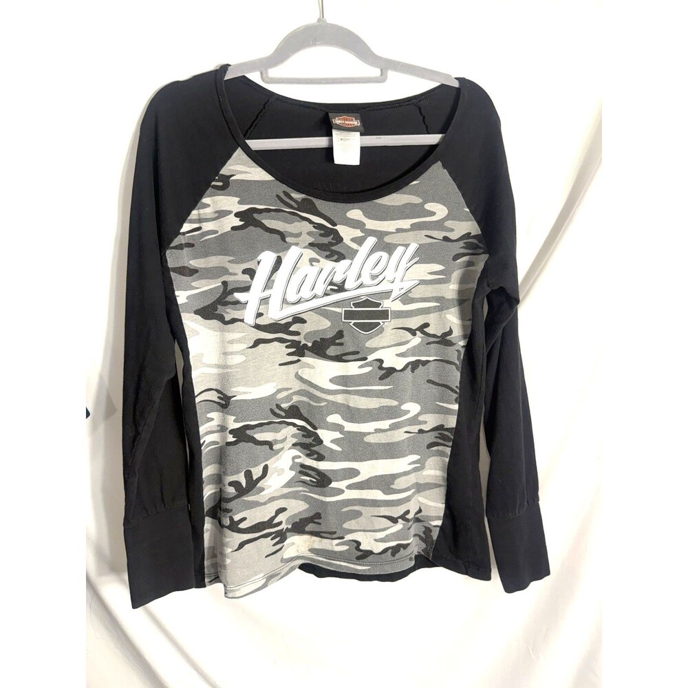 Harley Davidson Women's Black/Grey Long Sleeved Camo Raglan Shirt Sz XL